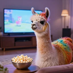 rainbow llama eating popcorn watching tv
