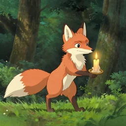 a fox carrying a candle in the forest by studio ghibli