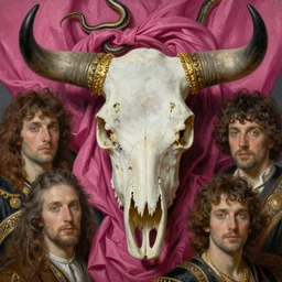 hyper realistic painting of cow skull, snake texture, gold and black ornaments, flowing magenta fabric, intrincate detail, detailed faces by wayne barlowe, gustav moreau, goward, gaston bussiere and roberto ferri, santiago caruso, and austin osman spare, bouguereau, alphonse mucha, saturno butto,