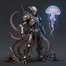 a biopunk human skeleton warrior in symbiosis with an octopus and a jellyfish, intricate and ornate alien technology, bioluminescence, bloom, dim rim lighting, by victor grasso and scott musgrove, anton h. r. giger and tooth wu, digital illustration, concept art, cg society