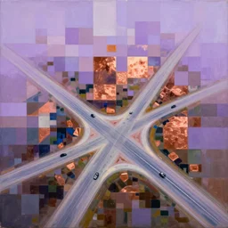 a beautiful abstract painting by peter vahlefeld of a drone view of a highway intersection, color bleeding, pixel sorting, copper oxide material, brushstrokes by jeremy mann, zenith lighting, pastel purple background, square shapes