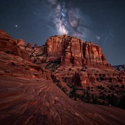 long distance shot, sedona's cathedral rock bluff, night, milky way, intricate lines, elegant, extreme detail, sharp focus, photo realistic, ultra realistic, photographic