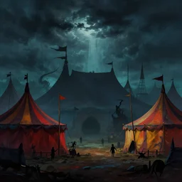 beautiful matte painting silhouette of dark colorfull evil circus tents and carnival, stormy sky, Moebius, frank frazetta, james gurney, thomas kinkade, rodney mathews, beeple, trending on artstation