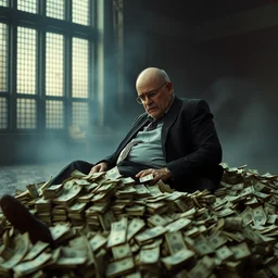movie still from breaking bad, viktor orban sitting on a huge pile of money, hyper realistic,