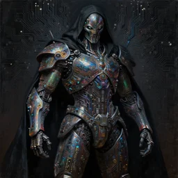 dark cyborg armour made of intricate complex circuitry and microchips, iridescent, warrior assassin, black cloak, colorful, intricate linework, gothic baroque, intimidating, magical, realistic oil painting, concept render, rutkowski, wlop, chebokha, artgerm