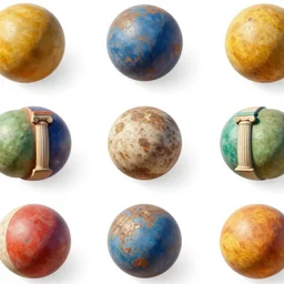 3 6 0 panorama escher style pattern of colorful balls, sculpture in the ancient greek style with the texture of old rust