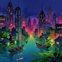 flooded city, fish, algae, boats, city, lights, saturated colors, rain, glowing lights, epic fantasy, colorfully, digital art, highly saturated colors, concept art, detailed illustration, hd, 4 k, digital art, greg rutkowski, dan mumford, studio ghibli trending on artstation