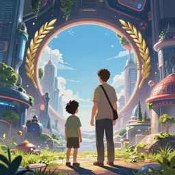 a man and his son facing the desperate call of the void, futuristic cityscape, unreal 5 render, vivid colors, high detail, clear weather, studio ghibli, digital art, octane render, beautiful composition, trending on artstation, award - winning photograph, masterpiece