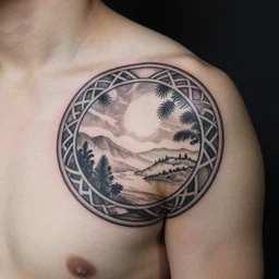 round mirrored minimalist art nouveau top right shoulder tattoo, wide, intricate detail, simple lines
