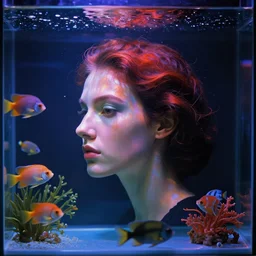 female head in a aquarium, lights caustic, tropical fish, surreal photography by Man Ray and Claude Cahun