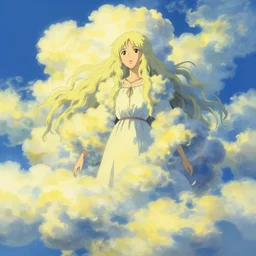 maximalist old ukrainian woman!!!! fully covered in yellow and blue clouds!!!, disarming, enchanting, fragile, hopeful, cloudcore, portrait, gapmoe yandere grimdark, trending on pixiv fanbox, photo by kim keever, painted by makoto shinkai takashi takeuchi studio ghibli, akihiko yoshida
