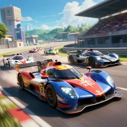 LeMans Racecars racing, high movement photography, rendered by Beeple, Berkey, John, Makoto Shinkai, syd meade, simon stålenhag, synthwave style, environment concept, digital art, unreal engine, WLOP, trending on artstation, 4K UHD image, octane render,