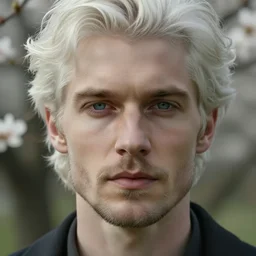detailed cinematic wide shot of beautiful attractive masculine man beard slim face symettrical face clean skin blue eyes white hair, ultra realistic, spring light, painting by gaston bussiere, craig mullins, j. c. leyendecker