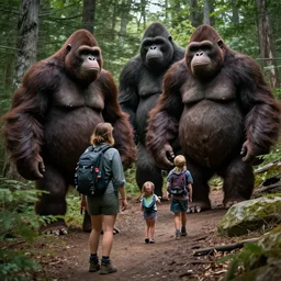 A Hiker encounters a family of giant obese Sasquatches while hiking At Salt Fork State Park in Ohio, photoreal, atmospheric