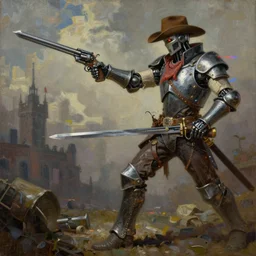 a glitched oil painting of a cybernetic cowboy/knight duelwielding a revolver and longsword in the style of cyberpunk in the style of high fantasy art detailed realistic High Resolution HD 8k