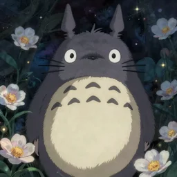 detailed spirit creature with eyes in the flowers at night made by ghibli, beautiful scene, detailed, high quality, high details, smooth, 8 k,