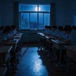 students in a classroom at night, blue tint, moonlight coming through window, long shadows