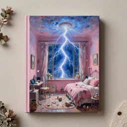 classic oil painting, wide shot of a massive lightning strike, blue, inside of a pink bedroom, as a book cover illustration, desaturated, clutter, cottagecore, intricately detailed, comfy, readability, concept art, sharp focus, art by brothers hildebrandt