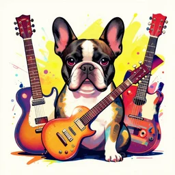 colorful illustration of french bulldog, guitars, colorful splatters, cassete, vinyl, by andy warhol