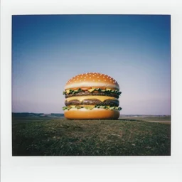 a giant plastic hamburger on a hill,in the middle of nowhere,realistic,polaroid photo,mysterious