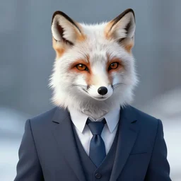 A smug anthro arctic fox in a suit and tie, handsome, artstation