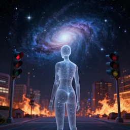mannequin made of starlight, staring into a portal of stars + infinite fractal galaxy, traffic lights + flaming city in background, award winning, rule of thirds, introspective, moody, clean linework, photorealistic, volumetric lighting, octane render,