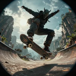 cthulhu as the pro skater doing a kickflip with skateboard, unreal engine, extremely detailed, fish eye lens, hyperrealistic