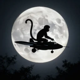 a long tailed monkey riding a flying bike across the full moon as silhouette, from the movie e. t. the extra terrestrial, with dark trees in foreground, cinematic frame by steven spielberg, hd
