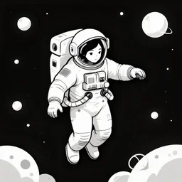 ink lineart drawing of a lone female astronaut floating in space, wide angle, space background, artstation, etchings by goya, chinese brush pen, illustration, high contrast, deep black tones contour