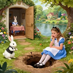 a young girl named alice sits bored by a riverbank, where she suddenly spots a white rabbit with a pocket watch and waistcoat lamenting that he is late. the surprised alice follows him down a rabbit hole, which sends her down a lengthy plummet but to a safe landing. inside a room with a table, she finds a key to a tiny door, beyond which is a beautiful garden.