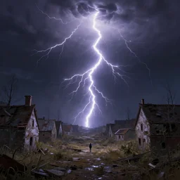 glowy lightning in a abandoned village, intricate, elegant, glowing lights, highly detailed, digital painting, artstation, concept art, smooth, sharp focus, illustration, loneliness, great space, zdzisław beksinski, hans ruedi giger, 4 k, very high resolution, astrophotography, processing, extremely hyperdetailed