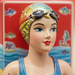 closeup face portrait of a tin toy lady 1 9 2 0 s swimmer at the seaside, nicoletta ceccoli, mark ryden, lostfish, max fleischer, depth of field, detailed and intricate red square environment, 8 k resolution, hyperrealistic, octane render