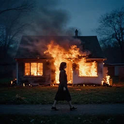 Gregory Crewdson full color Photography, A woman walks calmly while her house is on fire, atmospheric lighting , at night