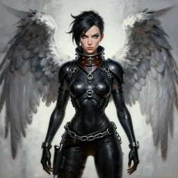 full body artwork of tracer overwatch wearing leather collar in style of zdzisław beksinski, angel wings, dramatic painting, symmetrical composition, wearing detailed leather collar, black shiny armor, chains, black harness, detailed face and eyes,