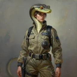 epic professional digital art of female human - snake hybrid animal wearing air force jumpsuit, humanoid snake head, painting, by leesha hannigan, iris van herpen, artstation, cgsociety, wlop, epic, much wow, much detail, gorgeous, detailed, masterpiece