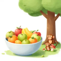 bowl of fruit in a tree with a stack of monkeys underneath next to a mushroom picnic