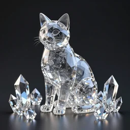 transparent Statue of a Cat made out of crystal, alot of big crystals pyramids , still photography, ray tracing, reflection, 3D Model, Unreal Engine 5, 4k Image