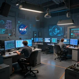 nasa computer room, cinematic lighting, exaggerated detailed, unreal engine, art by greg rutkowski & peter mohrbacher