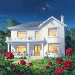 a atmospheric white villa, lot of big roses of red colors, beautiful starry sky, by makoto shinkai, 8 k
