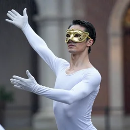 portrait of a male dancer with a beautiful porcelain face dressed in a venecian mask, gloves on spread hands, rain, bokeh, cinematic light and reflections, beautiful dreamy lighting, photographed by annie leibovitz, zbrush, ernst haeckel,