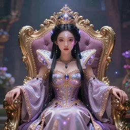 a cute beautiful human like queen of ants sitting on the throne , tall and sweet, having magical mark on her head and cheek , hyperreal, surreal, magical effect, magical power, glowing effect,