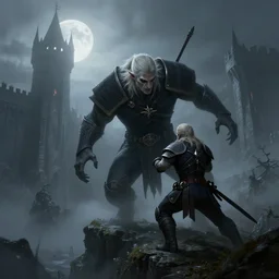 cthulhu attacking the witcher fortress of kaer morhen, geralt, misty weather, foggy, twilight, moon shine, creepy, otherworldly, honor, world of warcraft, 8 k, fantasy, smooth, subtle shadows, fine details, octane render, stunning, intricate, elegant, highly detailed, digital painting, artstation, smooth, sharp focus, raw, art by jakub rozalski