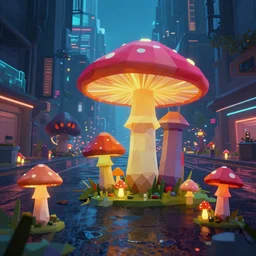 low poly cyberpunk city, wet roads, low camera angle, mushroom growing on the streets, mushrooms everywhere, so many mushrooms, colorful mushrooms, beautiful mushrooms, tall mushrooms, short mushrooms, medium mushrooms, glowing mushrooms, bright mushrooms, dark mushrooms, scary mushrooms, happy mushrooms