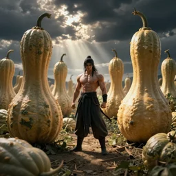 muscular xianxia master in a field of giant gourds