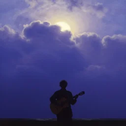 A slightly silhouetted figure of a man with a guitar, clouds that look like mountains high in the sky, the clouds are a deep blue purple color with the sun blazing behind the clouds, art by Ivan Aivazovsky