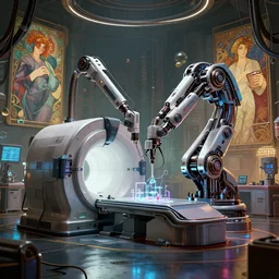 ( cyberpunk 2 0 7 7 ), a dieselpunk complex thick bifurcated robotic cnc surgical arm cybernetic symbiosis hybrid mri 3 d printer machine making a bio chemical lab operating theater, art by artgerm and greg rutkowski and alphonse mucha, lens orbs, global illumination, octane render