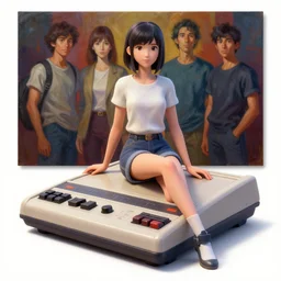 realistic detailed photo rendered in octane 3 d of video girl posing on a zx spectrum by moriho tanaka, by ayami kojima, amano, karol bak, greg hildebrandt, and luis molina, rich deep colors. david b. mattingly painting, art by takato yamamoto. masterpiece. rendered in blender, ultra realistic, smooth shading, ultra detailed, high resolution, cinematic, unreal 6