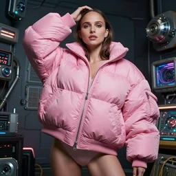 beautiful fantasy character portrait, natalie portman, wearing oversized puffy pink bomber jacket, ultra realistic, wide angle, seductive pose, cyberpunk artifacts, highly detailed by peter mohrbacher, hajime sorayama, wayne barlowe, boris vallejo, aaron horkey, gaston bussiere, craig mullins