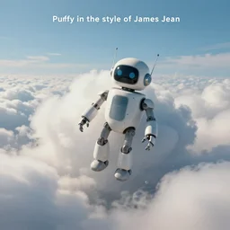 “puffy cloudscape, floating robot, album art in the style of James Jean”
