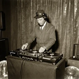 old photo of a coal miner dj behind turntables on a disco floor